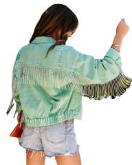 Spring fashion light green color tassel denim jacket for men