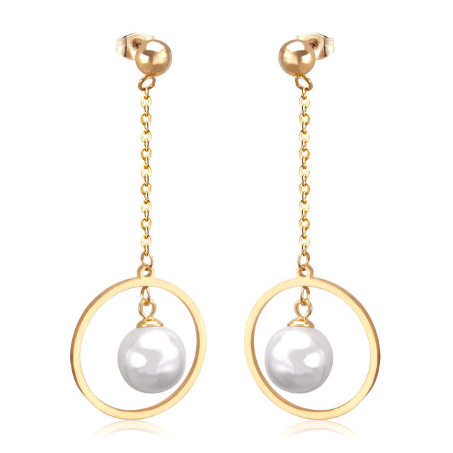 Elegant pearl bead stainless steel dangle earrings