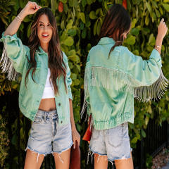 Spring fashion light green color tassel denim jacket for men