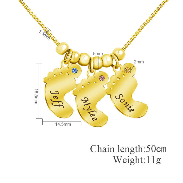 Personality birthstone footstep engrave letter stainless steel necklace
