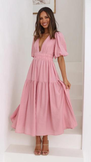 Casual summer design plain color V neck maxi dress