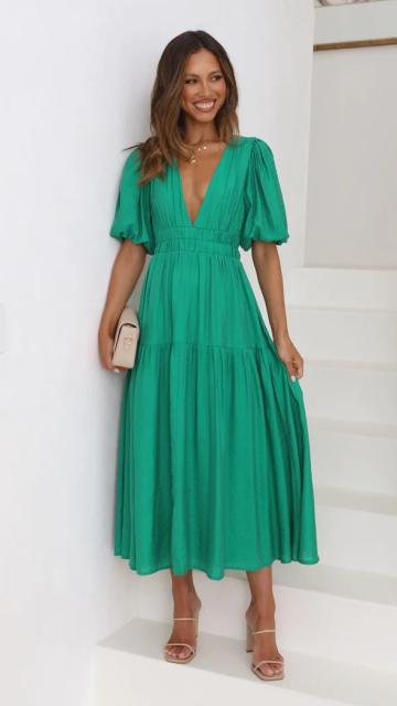 Casual summer design plain color V neck maxi dress