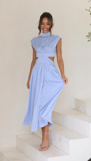 Plain color sexy high neck maxi dress