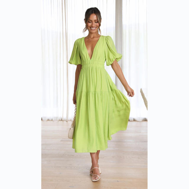 Casual summer design plain color V neck maxi dress