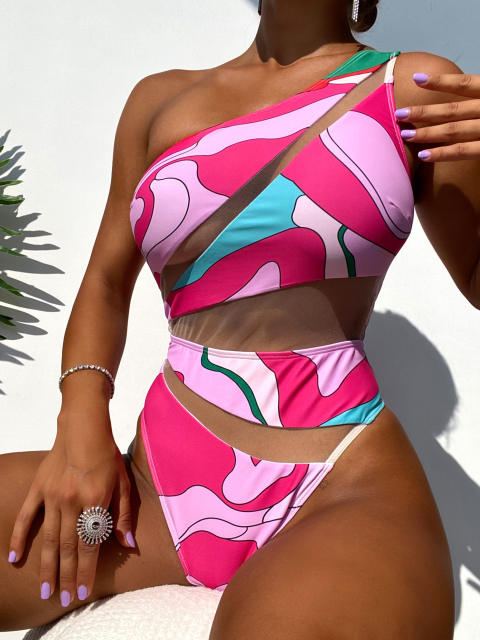 Y2K rose color printing one piece one shoulder swimsuit