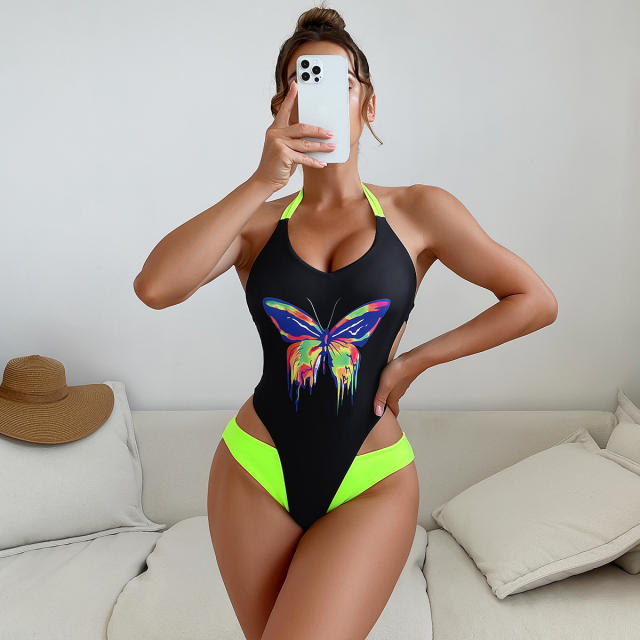 Color matching butterfly one piece swimsuit