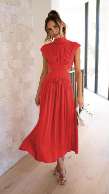 Plain color sexy high neck maxi dress