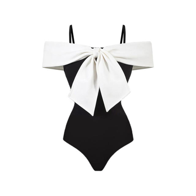 Vintage large bow black color one piece swimsuit