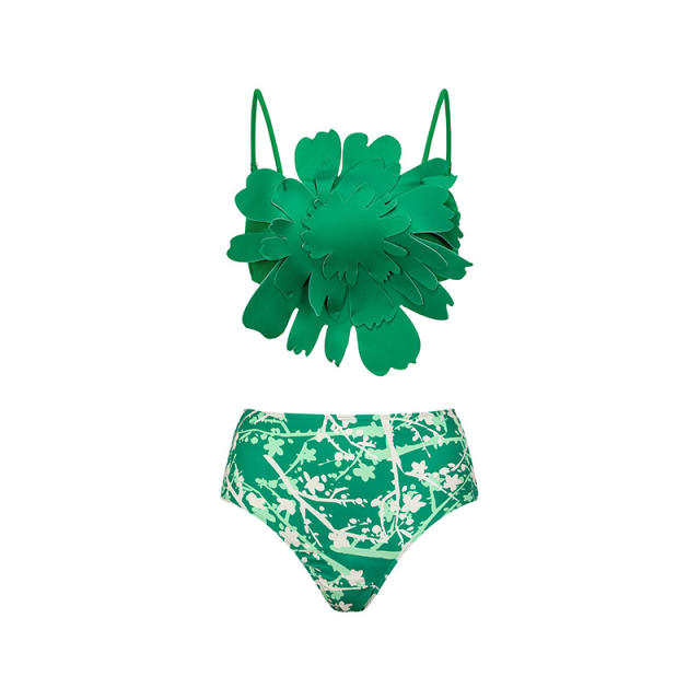 Spring green color flower design swimsuit set