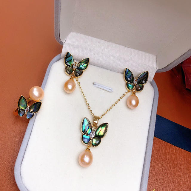 Elegant water pearl drop mother shell butterfly necklace set