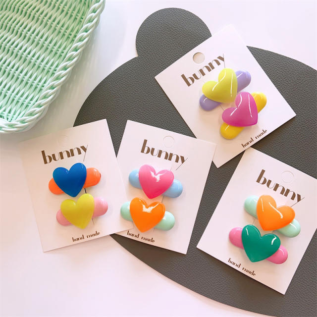 Korean fashion 2pcs candy color resin heart duckbill hair clips set