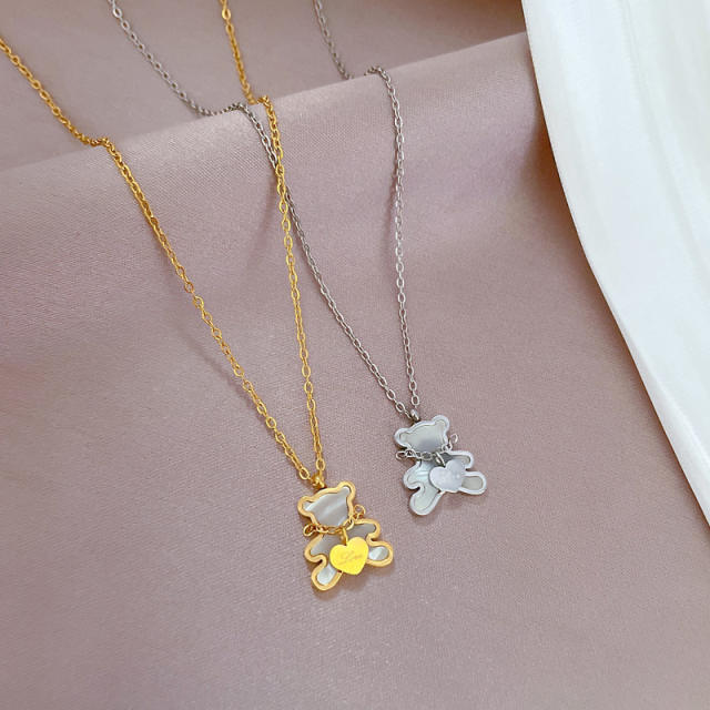 INS korean fashion mother shell bear pendant stainless steel necklace