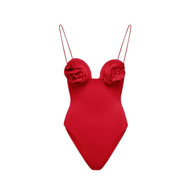 Sexy red color rose flower one piece swimsuit set