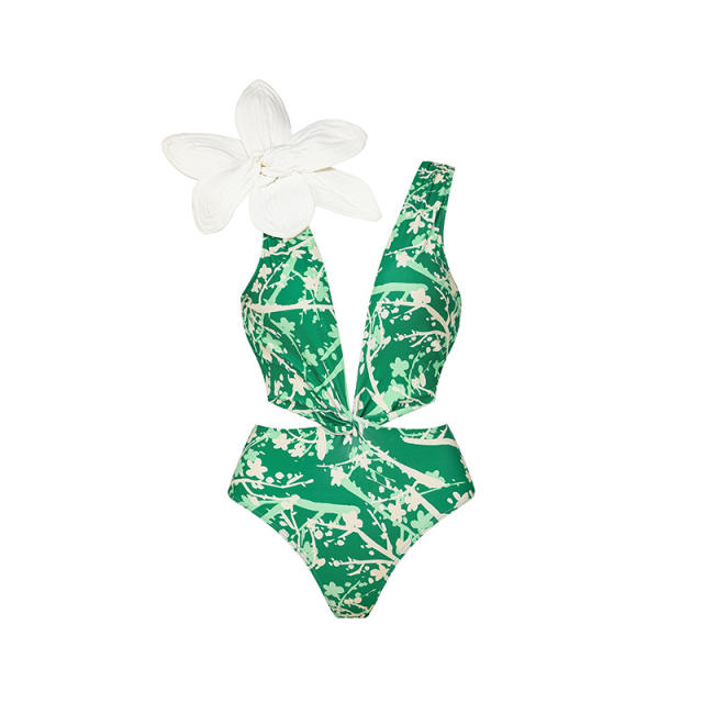 Spring green color flower design swimsuit set