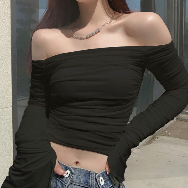 Sexy plain color off shoulder long sleeve tops