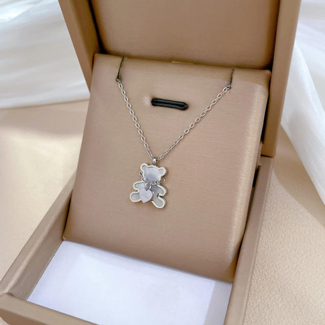 INS korean fashion mother shell bear pendant stainless steel necklace