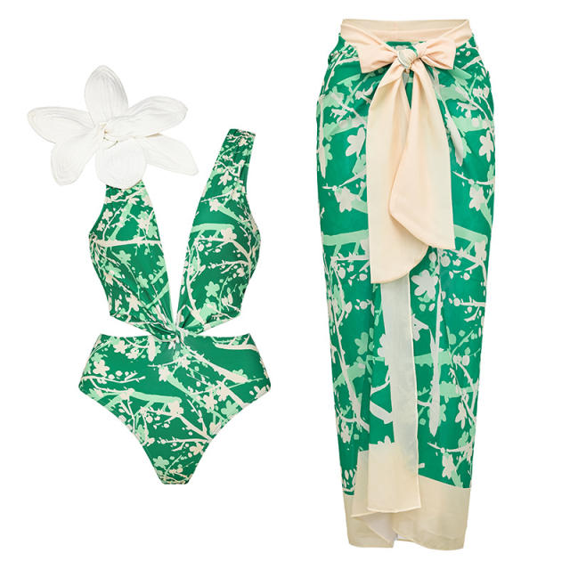 Vintage stereo flower one piece green color swimsuit set
