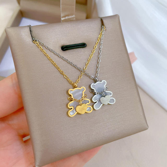 INS korean fashion mother shell bear pendant stainless steel necklace