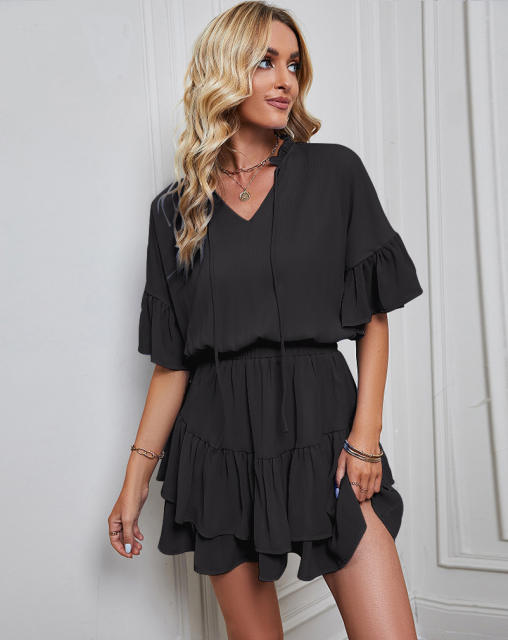 V neck plain color chiffon ruffle rompers