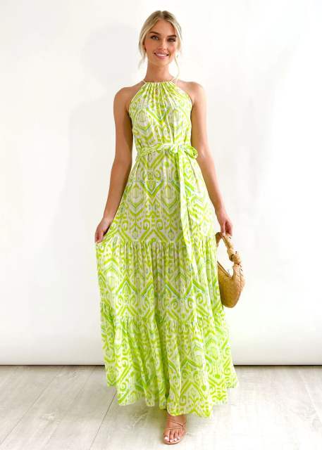Boho fresh green color pattern maxi beach dress