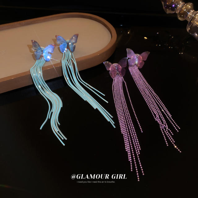 Elegant color butterfly long tassel earrings