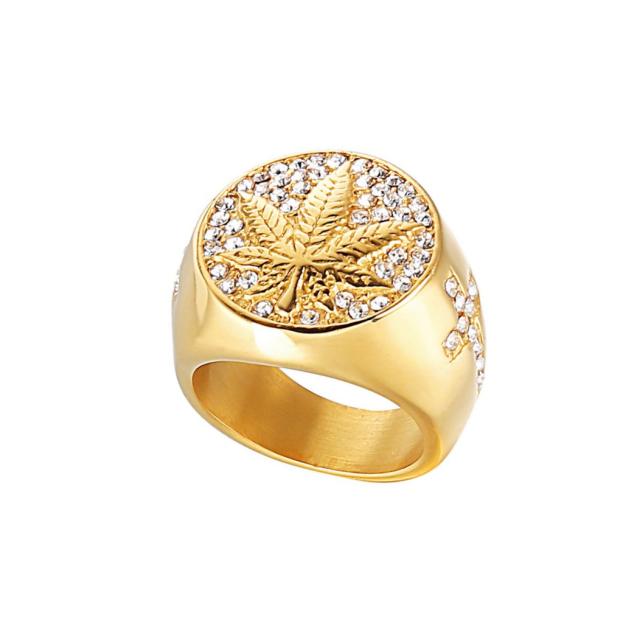 Hiphop maple leaves diamond stainless steel rings for men