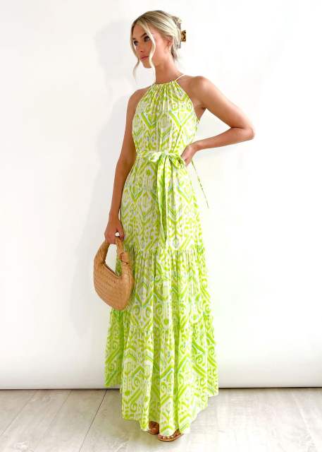 Boho fresh green color pattern maxi beach dress