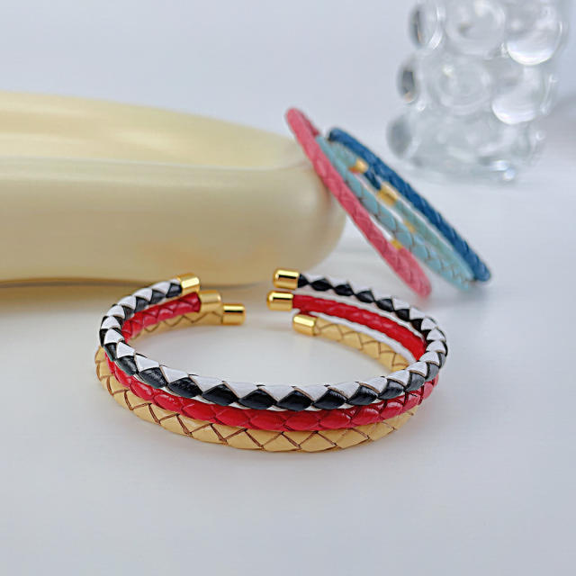 INS colorful leataher braid stainless steel cuff bangle