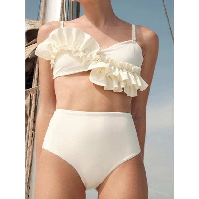 Sweet plain color high waist two piece swimsuit