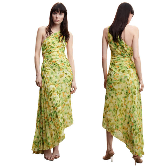 Hot sale fresh green color pattern single shoulder formal dress