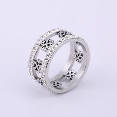 Vintage hollow clover two line diamond stainless steel rings