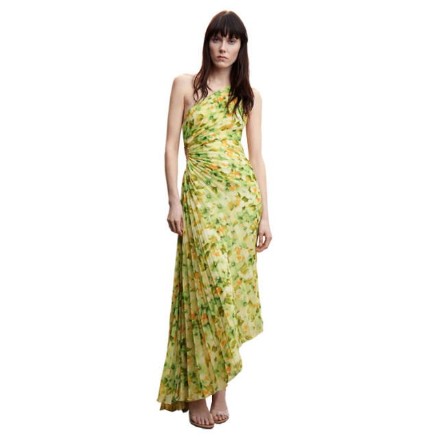 Hot sale fresh green color pattern single shoulder formal dress