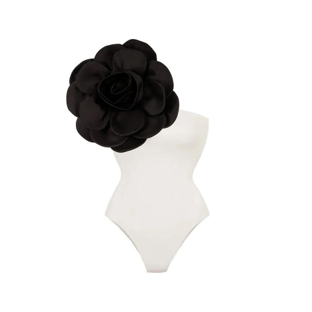 Vintage plain color stereo flower one piece swimsuit