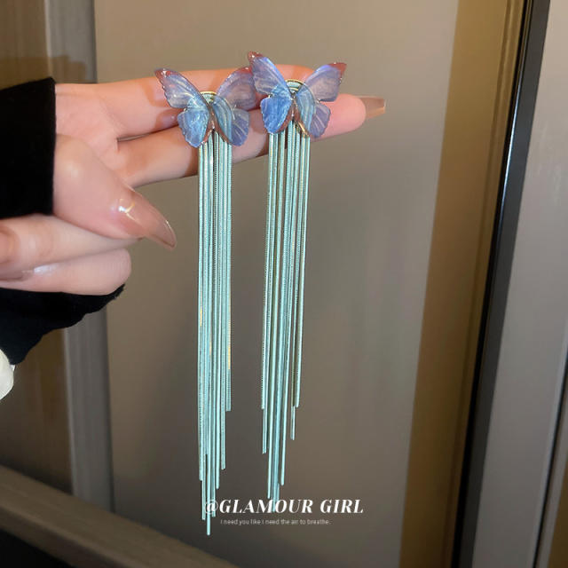 Elegant color butterfly long tassel earrings