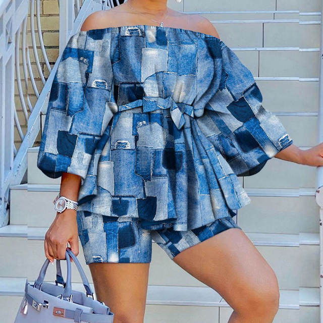 Hot sale summer off shoulder color pattern shorts tops set plus size