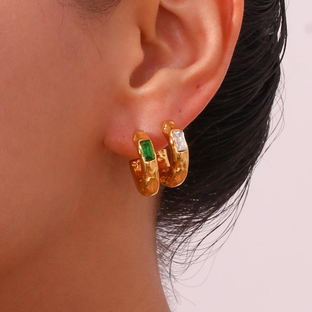 Vintage color cubic zircon stainless steel open hoop earrings