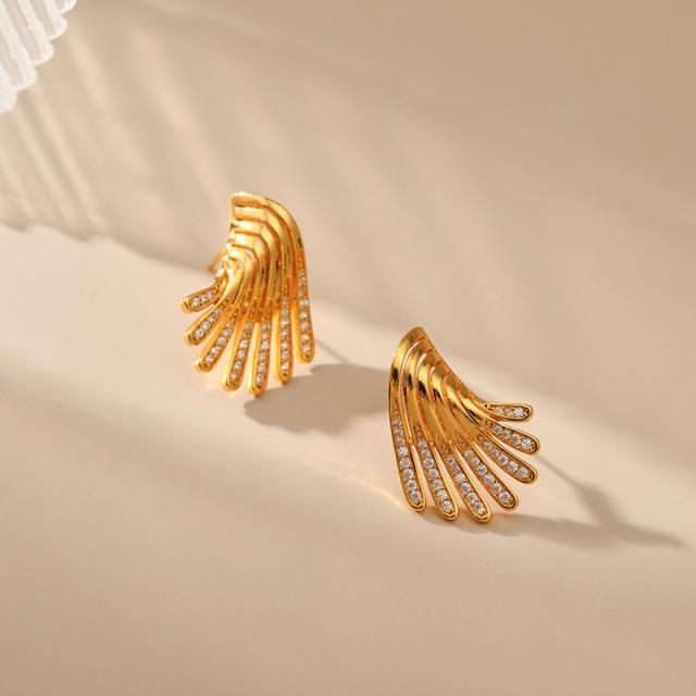 18KG unique wing shape cubic zircon copper studs earrings