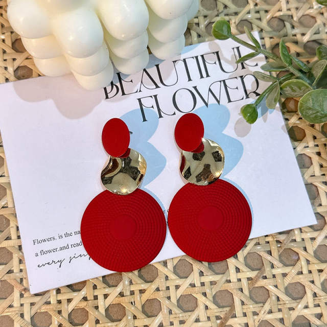 Tiktok Hot sale red color geometric round dangle earrings