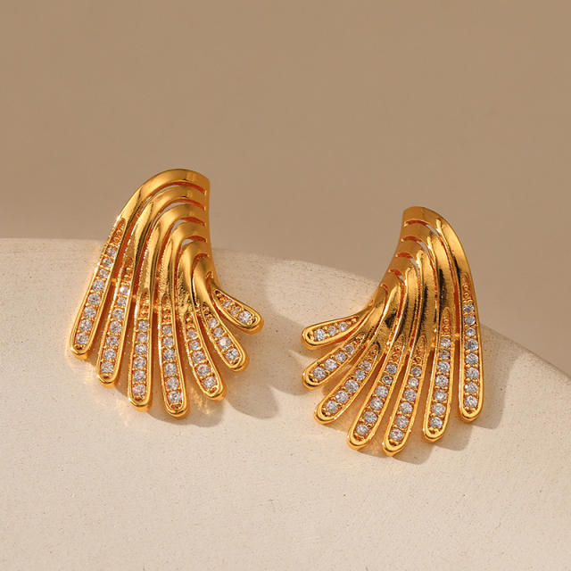 18KG unique wing shape cubic zircon copper studs earrings