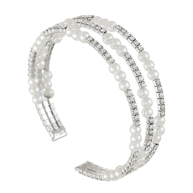 Delicate rhinestone pearl bead three layer elastic cuff bangle