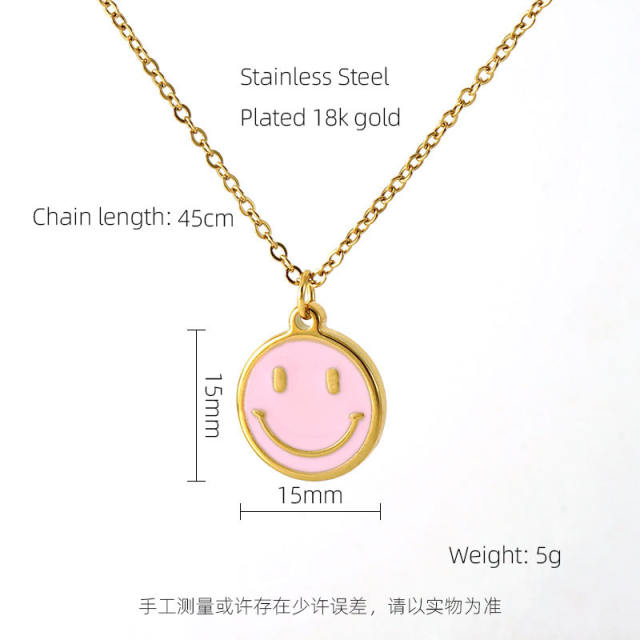 18KG enamel smile face pendant stainless steel necklace