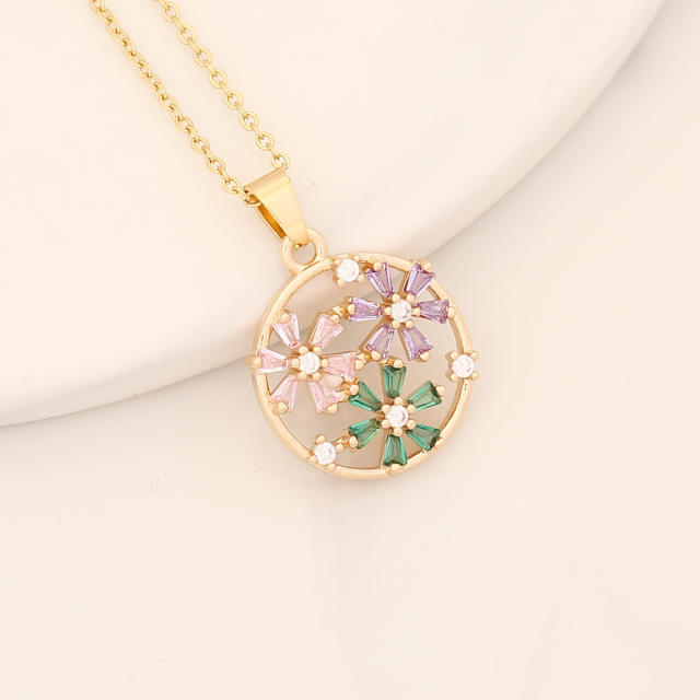 Delicate spring rainbow cz flower pendant copper necklace