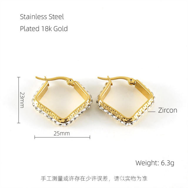 18KG geometric shape diamond stainless steel hoop earrings