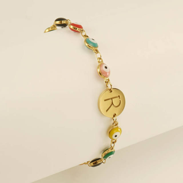 Enamel evil eye bead stainless steel initial letter bracelet