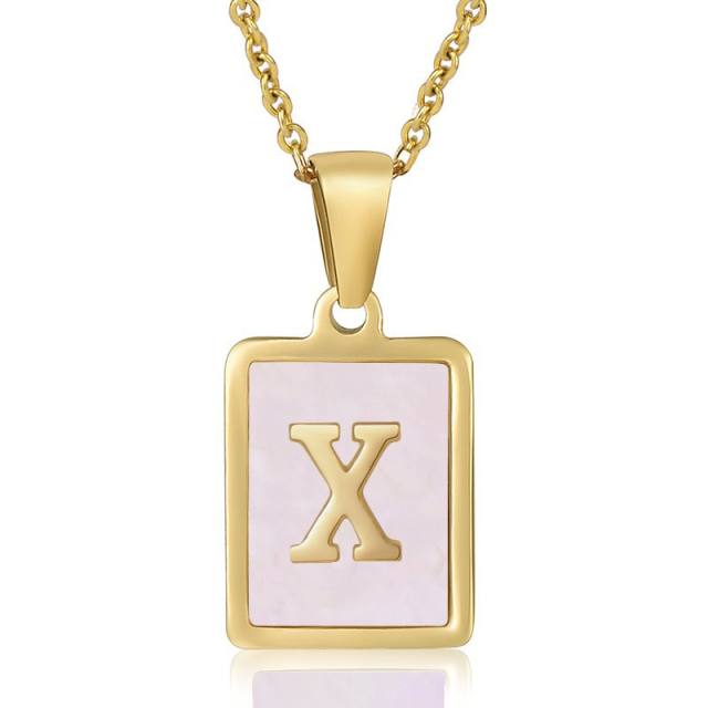 18KG sweet pink color shell initial letter card stainless steel necklace