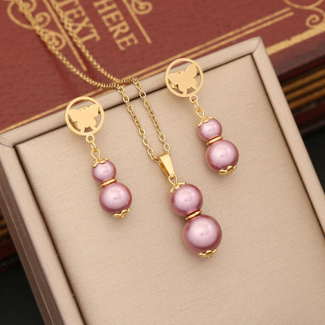 Colorful pearl bead pendant stainless steel necklace set