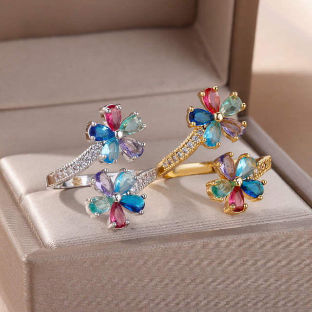 HIPHOP color cubic zircon snake flower gold plated copper rings