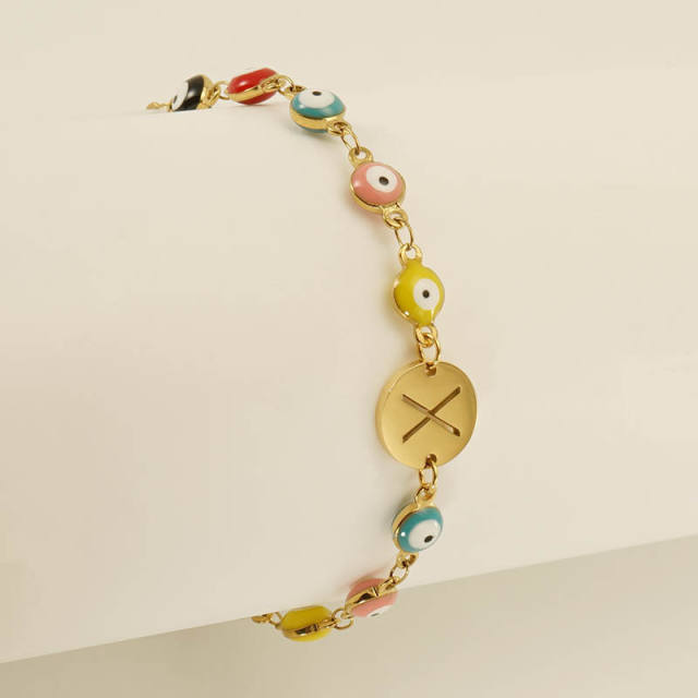 Enamel evil eye bead stainless steel initial letter bracelet