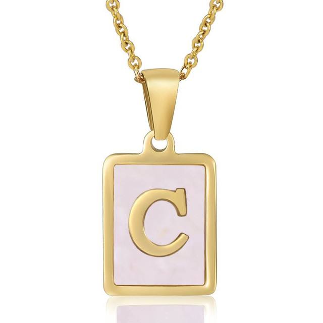 18KG sweet pink color shell initial letter card stainless steel necklace