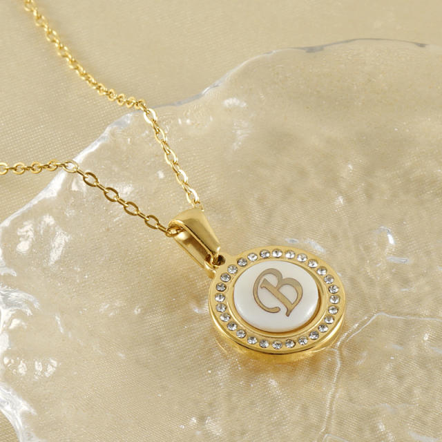 Delicate dimond round pendant initial letter stainless steel necklace